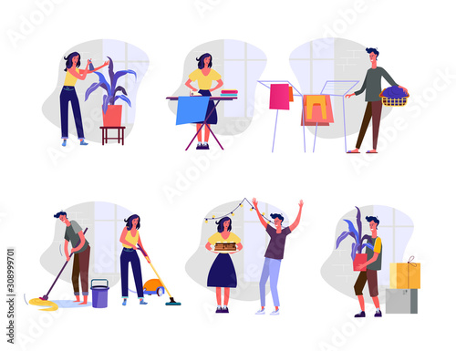 Domestic cares set. Man and woman ironing, doing laundry, moping floor, celebrating. Flat vector illustrations. Housekeeping, housing concept for banner, website design or landing web page