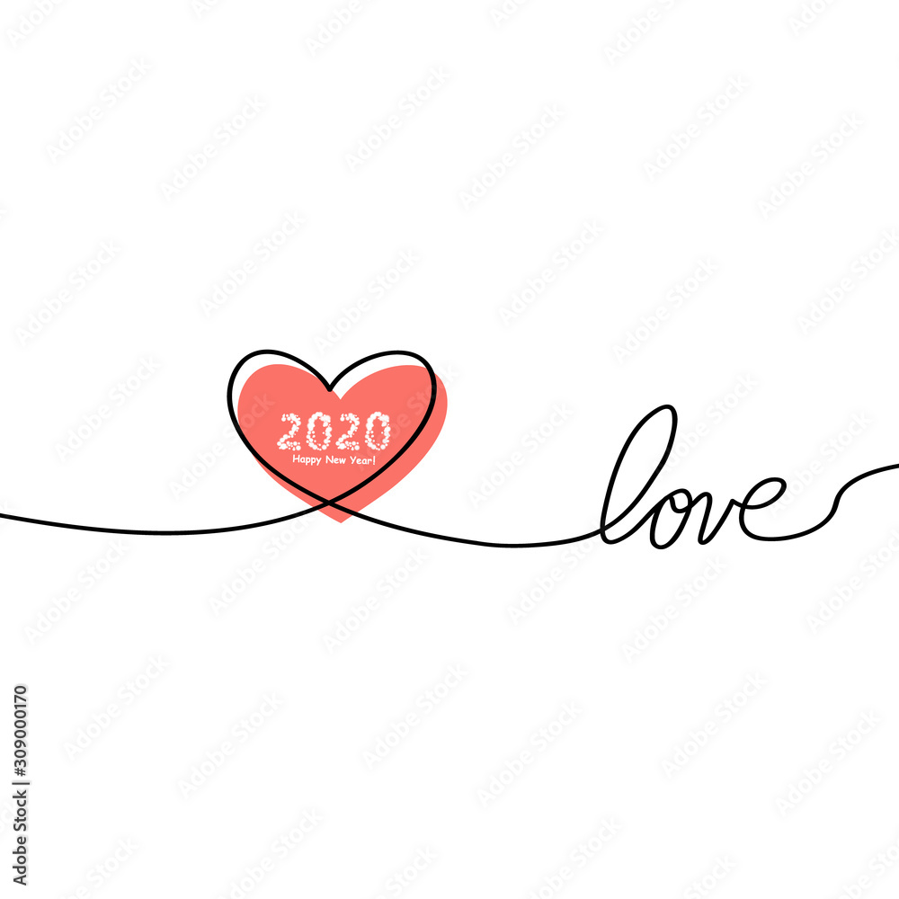 Happy New Year 2020 with glitch Heart in continuous drawing lines in a flat style in continuous drawing lines. The work of flat design. Symbol of love and tenderness Happy New Year 2020 with glitch Heart in continuous drawing lines in a flat style in continuous drawing lines. The work of flat design. Symbol of love and tenderness