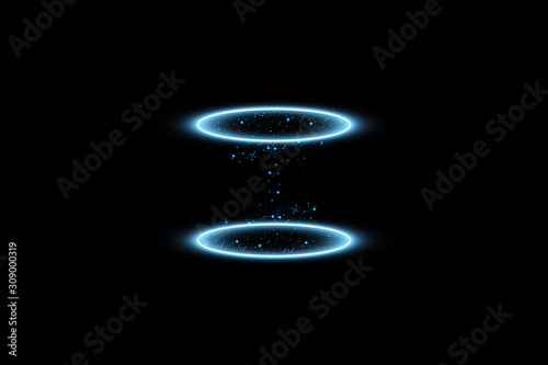 Futuristic teleport. Magic fantasy portal. Light effect. Blue candles rays of a night scene with sparks on a black background. Empty light effect of the podium. Disco club dancefloor.