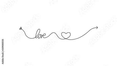 Cupid's arrow in the continuous drawing of lines in the shape of a heart and the text of love in a flat style. Continuous black line. Work flat design. Symbol of love and tenderness.