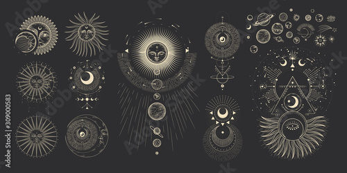 Vector illustration set of moon phases. Different stages of moonlight activity in vintage engraving style. Zodiac Signs #309000583