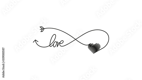 Cupid's arrow in the form of an infinity sign and heart and text love icon. Wedding element for mobile concept and web application illustration. Thin line icon for design and development of websites