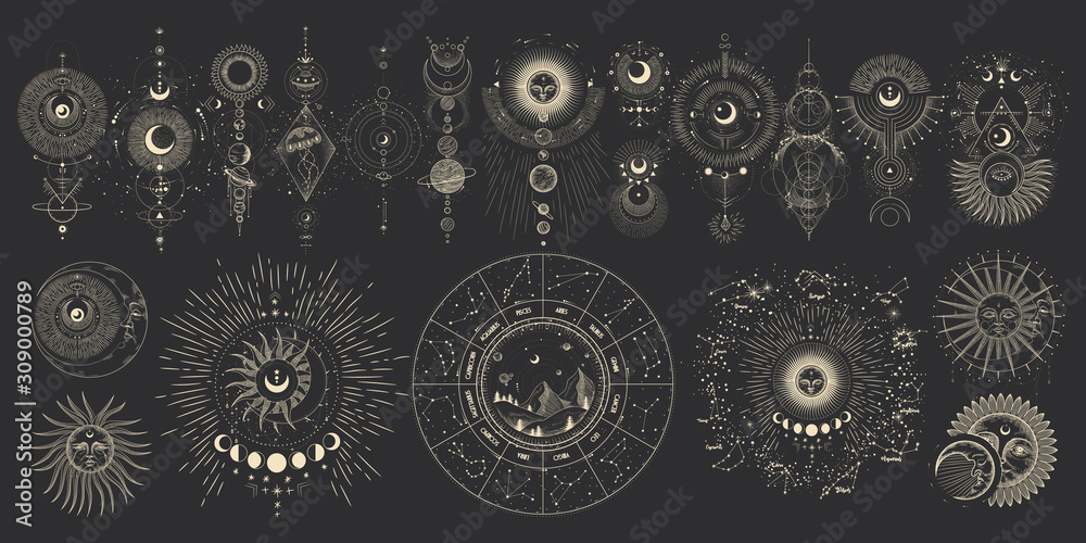 Vector illustration set of moon phases. Different stages of moonlight activity in vintage engraving style. Zodiac Signs