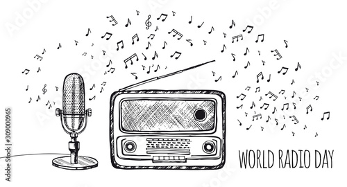 World Radio Day. Retro microphone sketch. Hand drawn illustration. Vector. 