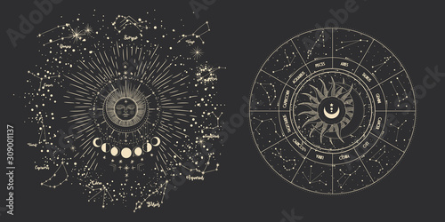 Vector illustration set of moon phases. Different stages of moonlight activity in vintage engraving style. Zodiac Signs