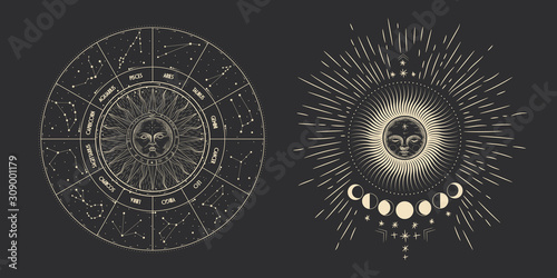 Vector illustration set of moon phases. Different stages of moonlight activity in vintage engraving style. Zodiac Signs