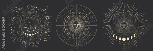 Vector illustration set of moon phases. Different stages of moonlight activity in vintage engraving style. Zodiac Signs
