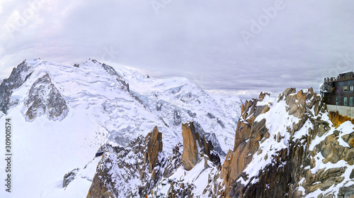 Viewpoint at the topof snow glacier slope, la mer de glace. Mont Blanc massif mountains, Chamonix, France, Alps. Alpinists mountaineers scenary photo