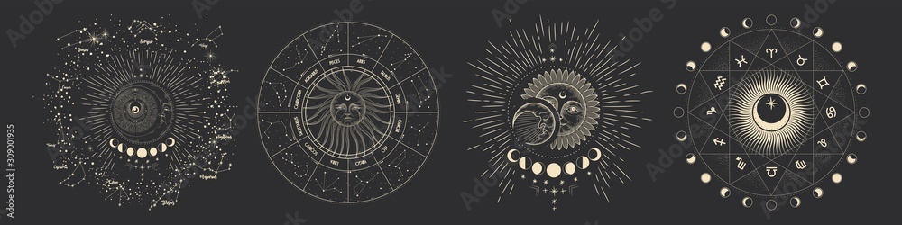 Vector illustration set of moon phases. Different stages of moonlight activity in vintage engraving style. Zodiac Signs
