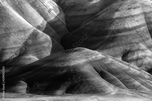 Black and white photograph of the detail of the arid and wavy landscape of Painted Hills