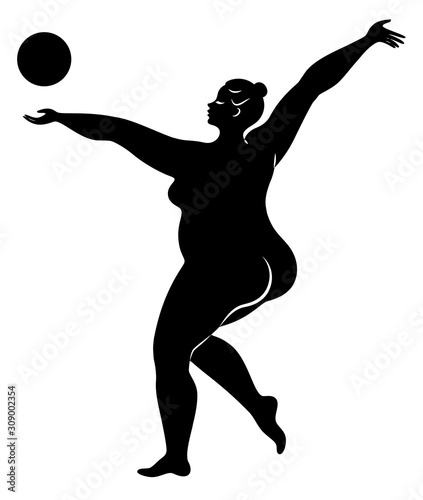 Gymnastics Silhouette of a girl with a ball. The woman is overweight, a large body. The girl is a full figure. Vector illustration