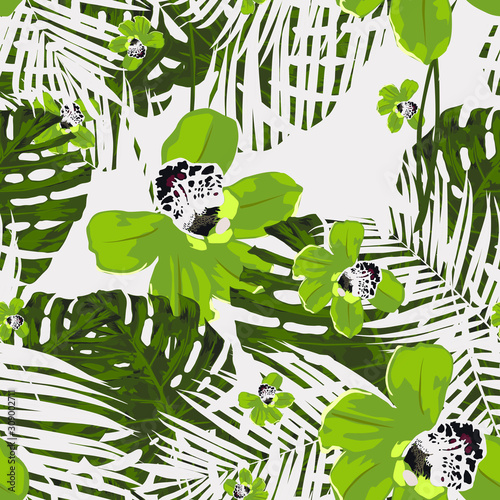 Floral seamless  pattern with bright tropical leaves and exotic flowers. Pattern can be used for wallpaper and textile, pattern fills, web page background, surface textures.