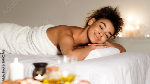Spa and aromatherapy. African-american woman in spa