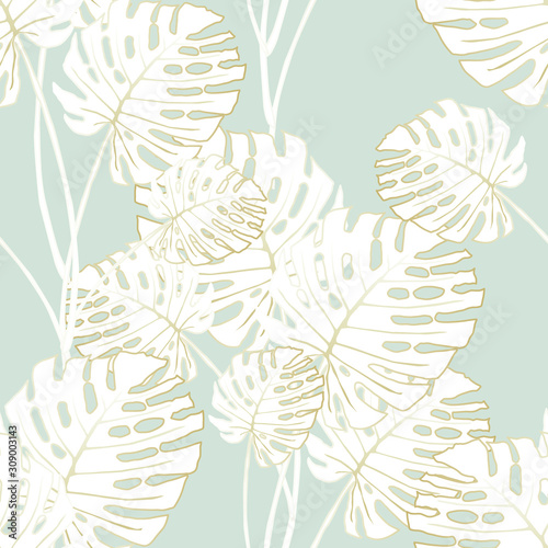 Seamless tropical pattern with monstera leaves. Graphic vector background.