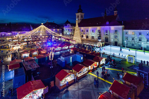 Sibiu Christmas Market night aerial