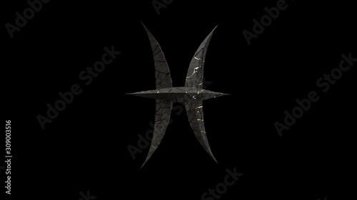 Rock stone zodiac sign isolated on black background. 3d render of pisces symbol. 