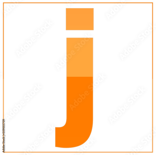The letter j,  made light orange and dark orange, half-and-half. Same colors turn upside down and used in frame. On white background
