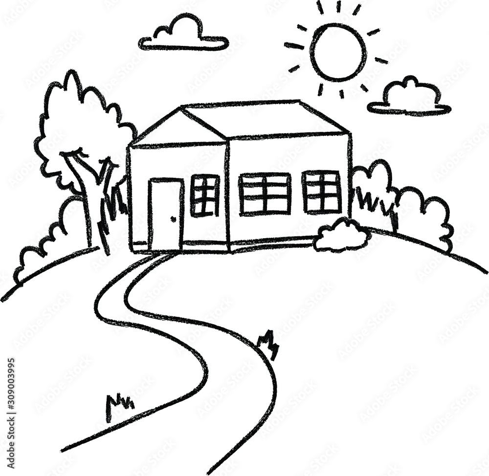 house on a hill with plants and trees on a sunny sky with clouds hand drawn crayon illustration vector