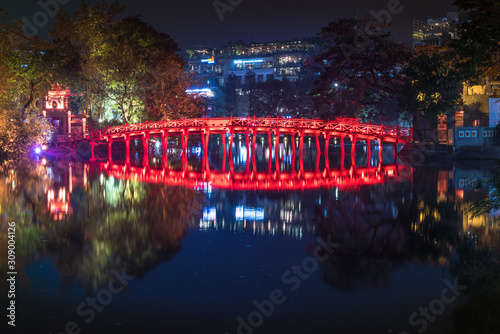 Red bridge in Hoan Kiem lake, Ha Noi, Vietnam, landmark, traveling, scenery. photo