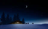 Beleuchtete Holzhütte in einer Winternacht