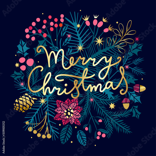 Christmas holiday vector card with floral. Merry Christmas lettering
