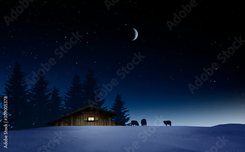 Beleuchtete Holzhütte in einer Winternacht © by-studio