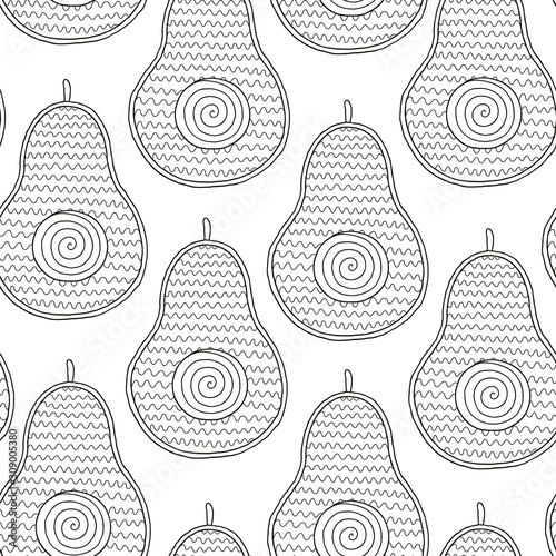 Line doodle art avocado seamless pattern.
