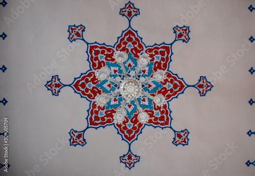 Chic chandelier on the painted ceiling