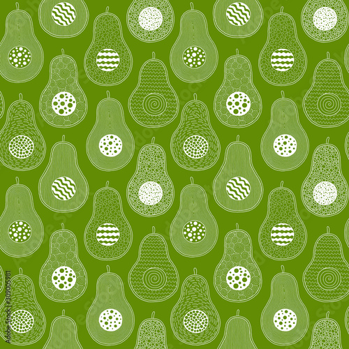 Seamless pattern from hand-drawn cartoon avocados on a green background.
