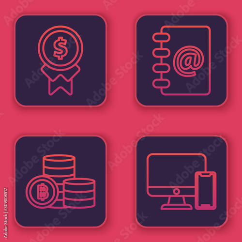 Set line Reward for good work, Cryptocurrency coin Bitcoin, Address book and Computer monitor and mobile phone. Blue square button. Vector