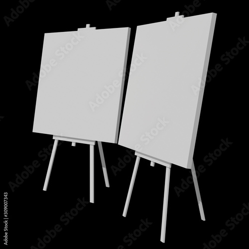 Blank white easel with canvas. 3d render on black background