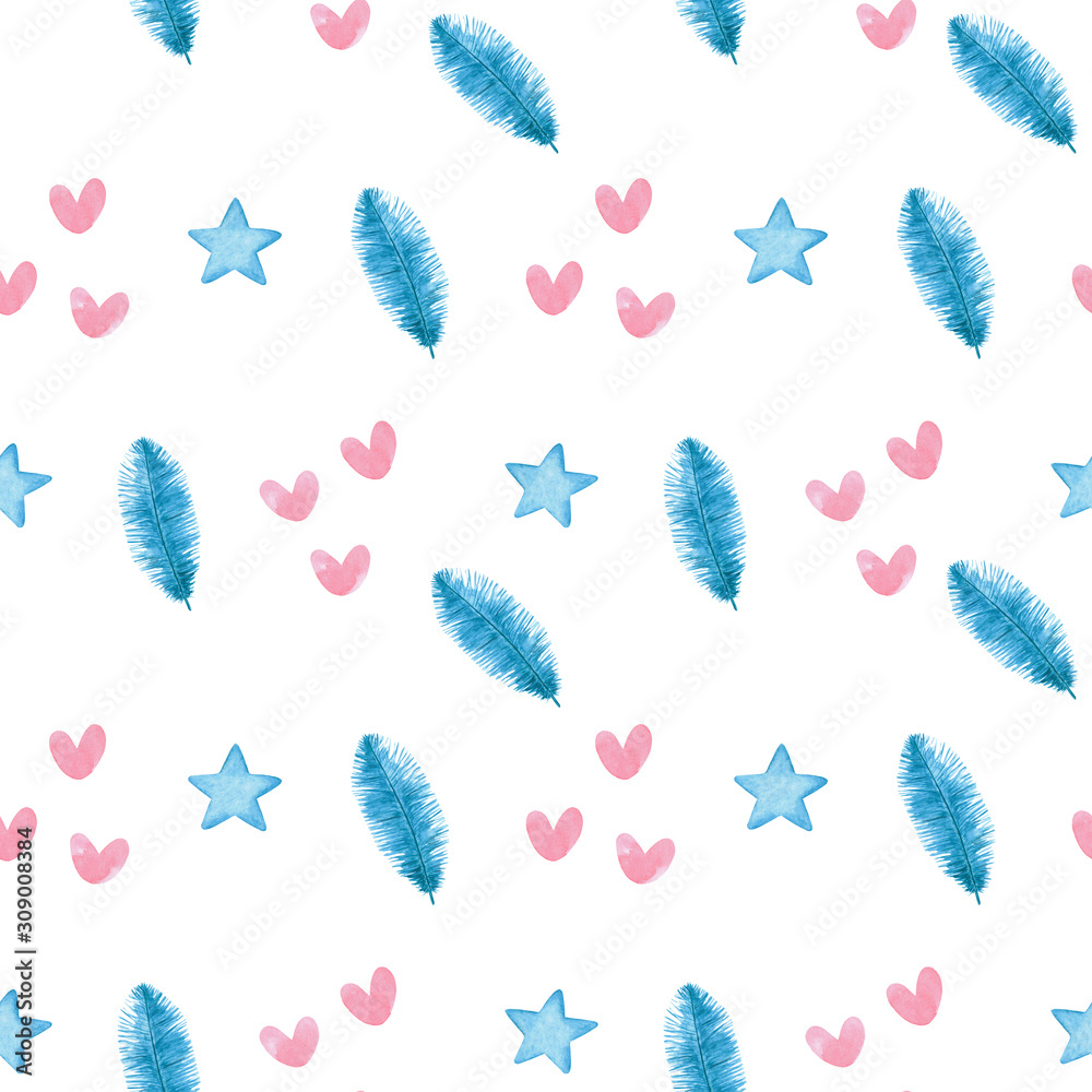 Watercolor illustration, seamless pattern with stars and feathers, hearts, pink, blue, color. Cute, childish, for children, girls, textiles, decor. Watercolor illustration, seamless pattern with stars and feathers, hearts, pink, blue, color. Cute, childish, for children, girls, textiles, decor.