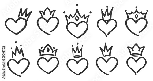 Hand drawn crowned hearts. Doodle princess, king and queen crown on heart, sketch love crowns. Wedding card logo, doodle hearts in crowns. Isolated vector symbols illustration set