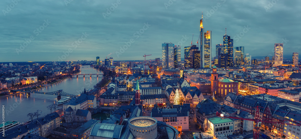 Panoramic view on Frankfurt am Main at dusk, Germany