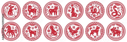 Fototapeta Okrągłe chińskie znaki zodiaku. Koło znaczki ze zwierzęciem roku, Chiny Nowy Rok maskotka symboli. 12 miesięcy astrologia koza, koń i kogut czerwony znaczek. Zestaw ikon na białym tle wektor