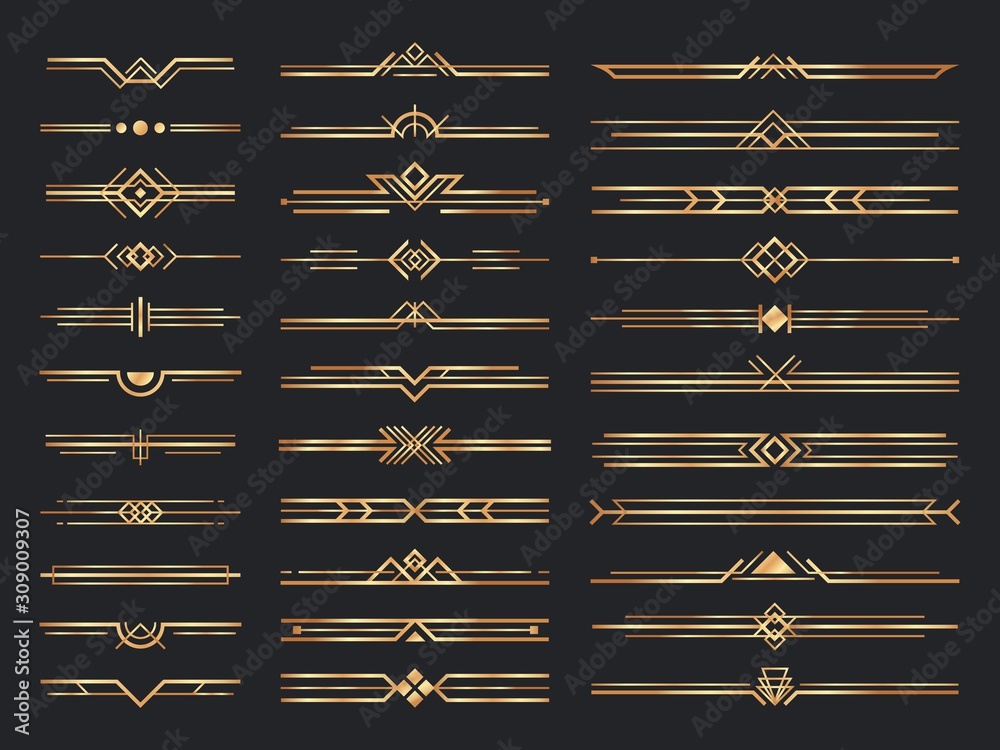 Golden art deco dividers. Vintage gold ornaments, decorative divider and 1920s header ornament. victorian deco interior dividers, luxury geometric borders. Isolated vector signs set - obrazy, fototapety, plakaty 