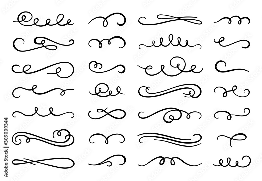 Calligraphy flourish. Decorative flourishes ornament, ornamental swirl