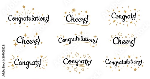 Congrats lettering. Congratulation text labels, cheers sign decorated with golden burst and stars and congratulations. Congratulate letter hand writing ink logo. Isolated vector signs set photo