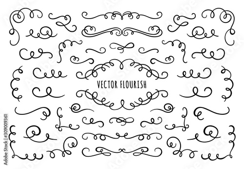 Flourish frame, corners and dividers. Decorative flourishes corner, calligraphic divider and ornate scroll swirls. Vignette dividers, ornamental flourish ink borders. Isolated vector symbols set