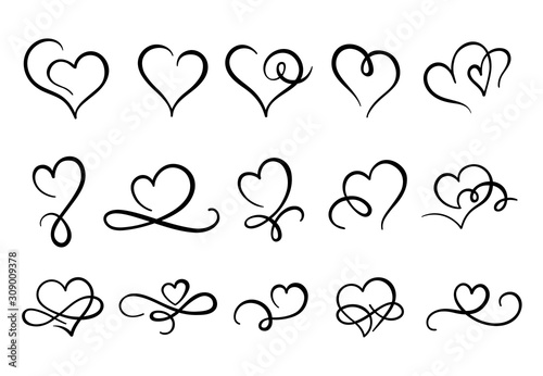 Love hearts flourish. Heart shape flourishes, ornate hand drawn romantic hearts and valentines day symbol. February 14 greeting card logo, valentine line sketch sign. Isolated vector icons set photo