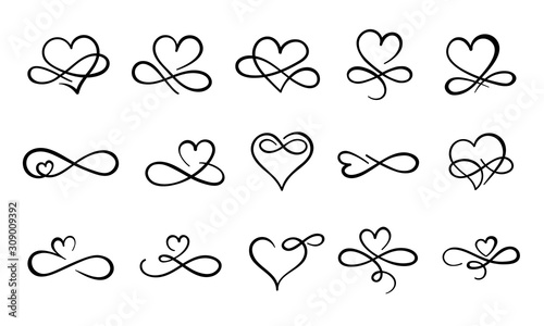 Infinity love flourish. Hand drawn heart decorative flourishes, love ornate tattoo design and infinity hearts. Endless love logo, wedding card heart print. Isolated vector symbols set photo