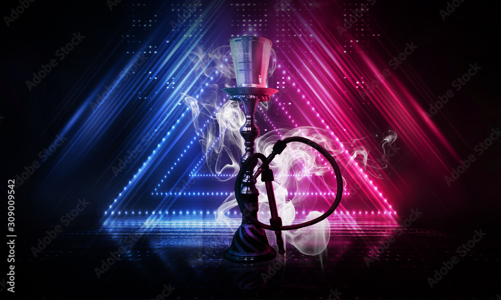 Hookah with smoke on an abstract background with neon lights. Hookah with smoke on an abstract background with neon lights.