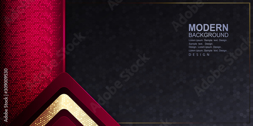 Textural gray background with mosaic, red shiny frame and arrows in red and gold