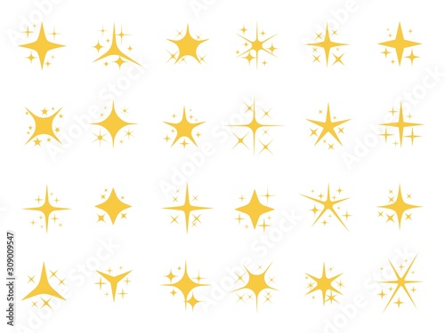 Sparkling stars. Shiny sparks, glitter light star and sparkle elements. Gold christmas card glow stars, yellow starburst shining sparkles. Isolated vector signs set