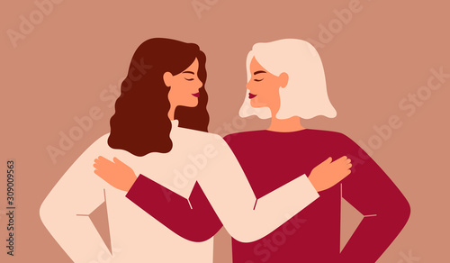 Back view of two strong women supporting each other. Friends hug and look each other in the face. The concept of friendship, care and love. Vector flat illustration