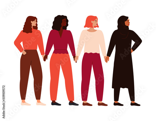 Women support each other. Four confident and strong girls holding hands and standing together. Feminism concept, girl power. Vector illustration in flat cartoon style.