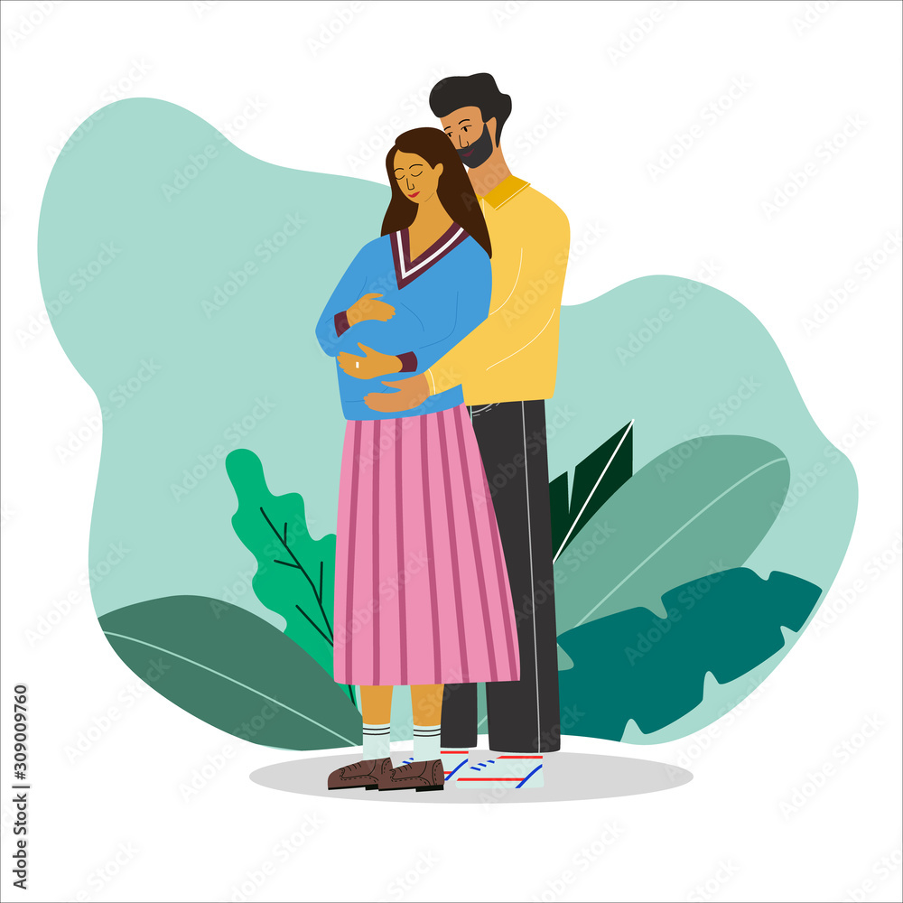 Young couple expecting a baby. Cute parents standing together and hold  pregnant moms belly surrounded by leafs. Happy pregnancy concept. Flat  colorful vector illustration in cartoon style. Stock Vector | Adobe Stock