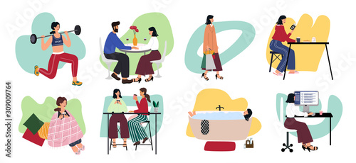 Love yourself and happy lifestyle concept. Big Set of Girls or women who take time for your self: read books, go on dates, work, go shopping, relax, healthcare, meet friends. Vector illustration. 