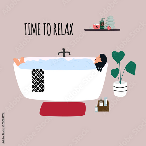 Woman relaxing in bathtub with bubbles. Young girl taking a bath in bathroom. Cute interior in trendy Scandinavian style. Take time to relax. Flat vector in cute cartoon style