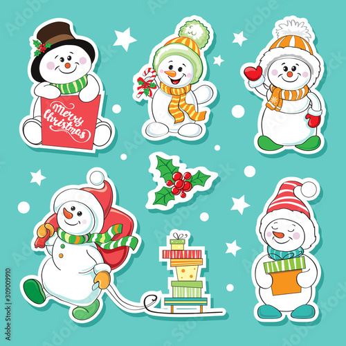 Christmas collection of patches with snowmen on a blue background. Christmas and New Year concept
